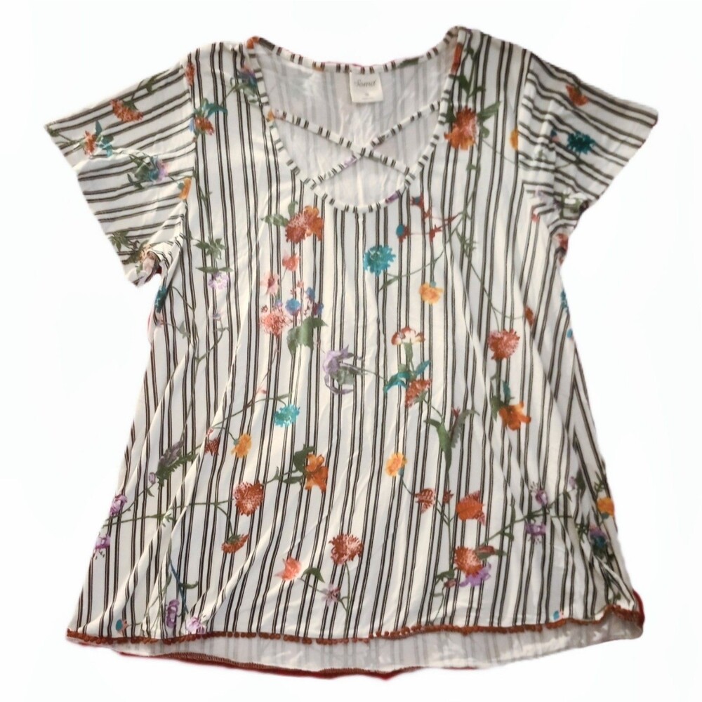 Soma White Striped Floral Short Sleeve Top sz M Womens